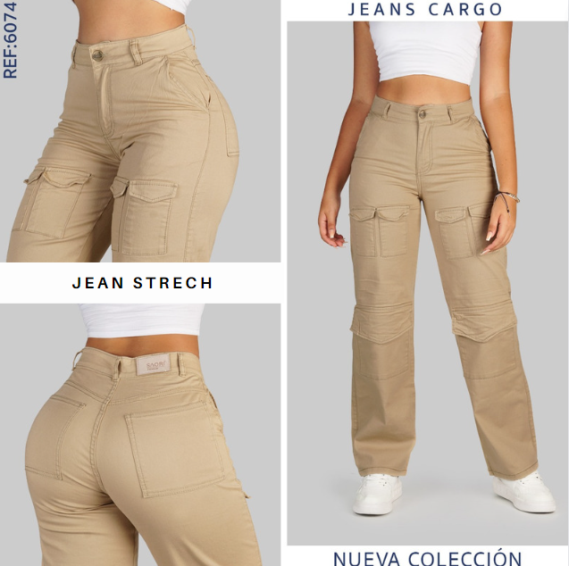 Pantalon Cargo Jeans Tiro Alto De Mujer Basic