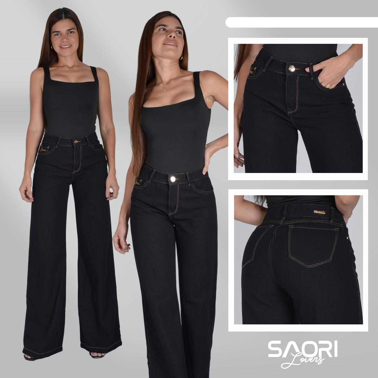 JEAN BOTA CAMPANA TIRO ALTO RIGIDO REF 6136 NEGRO HILO MOSTAZA