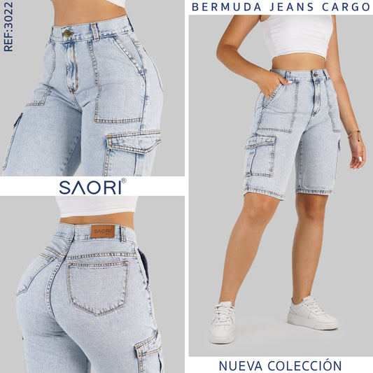 Bermuda Jeans Cargo Carpinteiro Feminina Cintura Média 23303 Média -  Babadotop